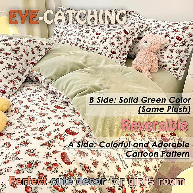 MorroMorn Queen Duvet Cover, Red Cherries Floral Bedding Sets, Plush Fluffy Comforter Covers Set, Down Alternative Blanket Ultra Soft Kawaii Cute for Girls Kids Teen Women Full Double Size