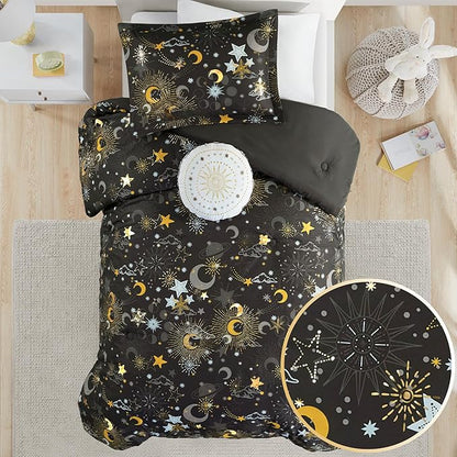 Mi Zone Kids Full Comforter Set, Celestial Metallic Comforter Set Starry Sky, Moon & Sun Comforter, All Seasons Lightweight & Fluffy Comforter Bed Set, 2 Shams, Celia, Full/Queen Charcoal/Gold 4 Piece
