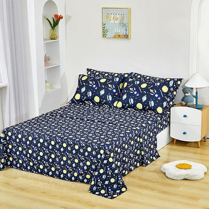 Mooreeke Bed in a Bag for Kids Girls Teens, 7 Pieces Full Size Comforter Bed Set with Shams, Sheet Set, Space Planet Blue Black Soft Microfiber Kids Comforter Bedding Set