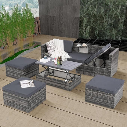 Modular Rattan Outdoor Sectional Furniture, Wicker Conversation Patio Sets with Plywood Coffee Table and Lounger Sofa for Backyard, Dc-Dark Gray
