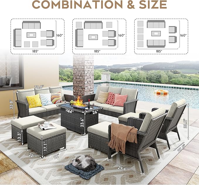Yechen Patio Conversation Set 10 Seats with 44" Propane Gas Fire Pit Table - 7 Pcs Outdoor Wicker Furniture Set with Lid & Wind Shields - Sectional Sofa Set for Porch,Backyard