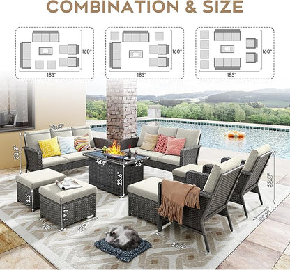 Yechen Patio Conversation Set 10 Seats with 44" Propane Gas Fire Pit Table - 7 Pcs Outdoor Wicker Furniture Set with Lid & Wind Shields - Sectional Sofa Set for Porch,Backyard
