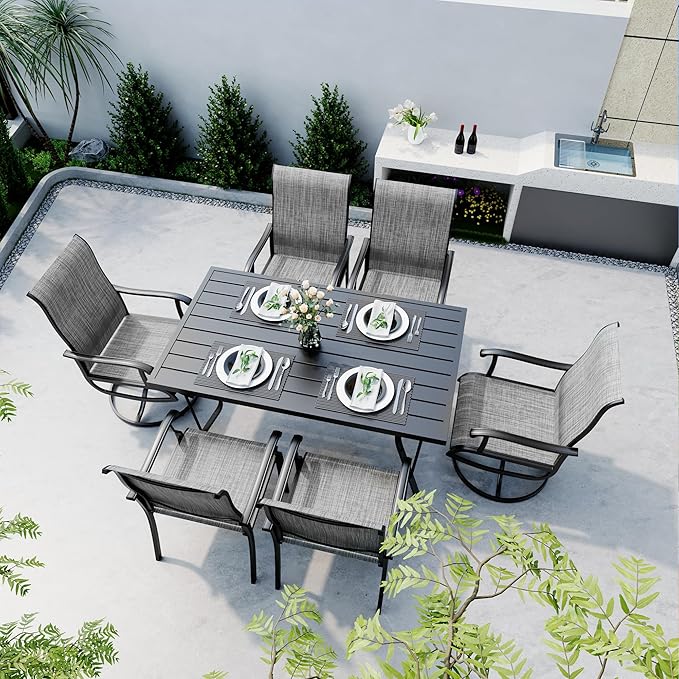 Pamapic 7 Pieces Patio Dining Set, Outdoor Dining Set for Garden Backyard Poolside Deck,Outdoor Table and Chairs Set with 4 Textilene Swivel Chairs ＆ 2 Regular Chairs,Gray