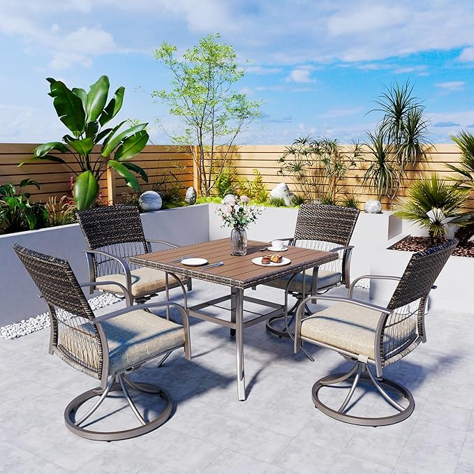 Pamapic 5 Piece Patio Dining Set for 4,Outdoor Wicker Furniture Set for Backyard Garden Deck Poolside with 4 Cushions Swivel Rocker Chairs,Square Plastic-Wood Table Top, Removable Cushions(Beige)