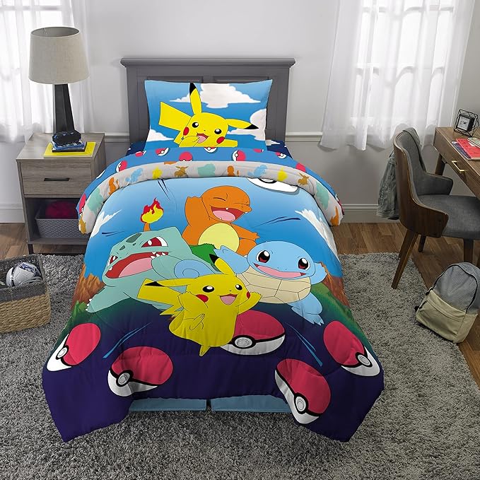 Franco Kids Bedding Super Soft Comforter and Sheet Set, 4 Piece Twin Size, Pokemon (Prints May vary)