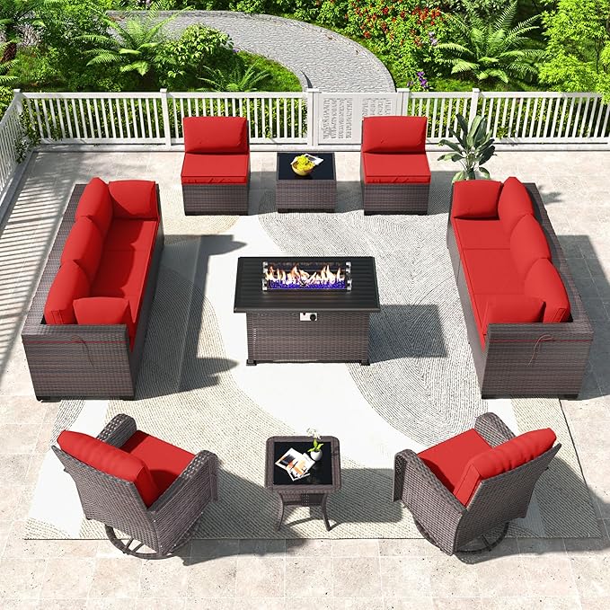 Kullavik 13PCS Outdoor Patio Furniture Set,PE Wicker Rattan Sectional Sofa Patio Conversation Sets with 43" 55000BTU Gas Propane Fire Pit Table,Swivel Rocking Chairs Set,Dark Red