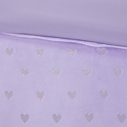 Mi Zone Rosalie Comforter Set for Girls, Ultra-Soft Microlight Plush Metallic Printed Hearts Brushed Reverse Overfilled Down Alternative Hypoallergenic All Season, Full/Queen, Purple/Silver, 4 Piece