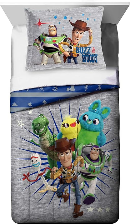Jay Franco Disney Pixar Story 4 All The Twin/Full Comforter & Sham Set - Super Soft Kids Reversible Bedding Features Woody & Buzz Lightyear - Fade Resistant Microfiber(Official Disney Pixar Product)