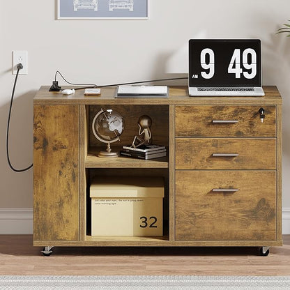 YITAHOME 3 Drawer File Cabinet with Charging Station, Home Office Furniture, Brown