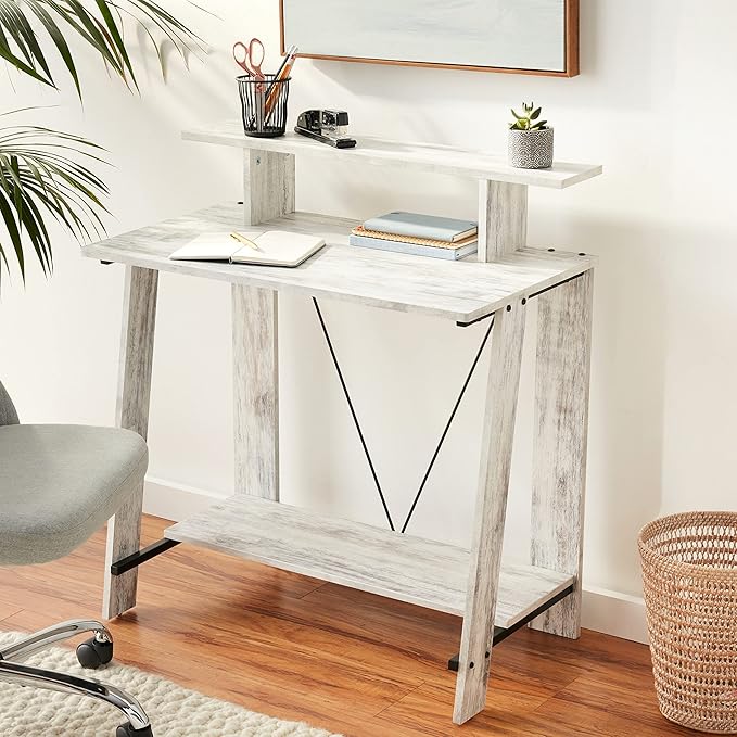 Acme Nypho Wooden 2 Shelves Writing Desk in Antique White and Black