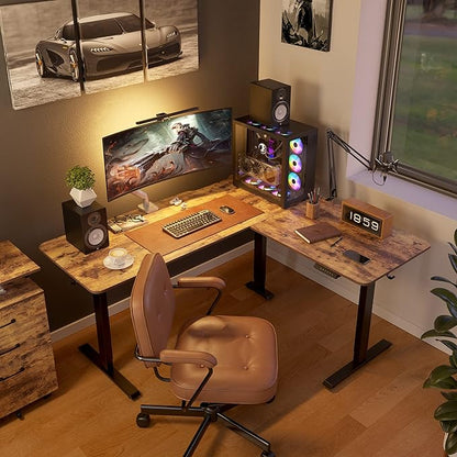 FEZIBO L Shaped Standing Desk Adjustable Height, 63 Inch Electric Stand up Corner Computer Desk, Sit Stand Home Office Desk with Splice Board, Rustic Brown Top/Black Frame
