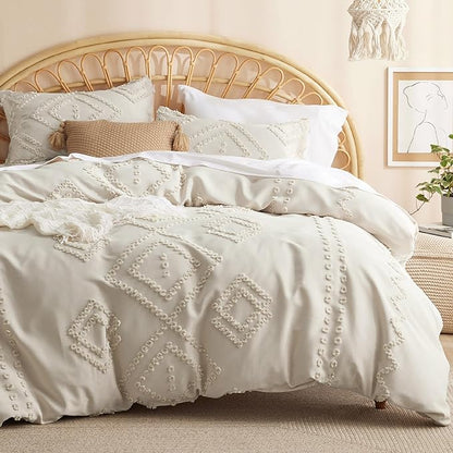 Bedsure Boho Comforter Set King - Beige Tufted Bedding Comforter Set, 3 Pieces Farmhouse Shabby Chic Embroidery Bedding Set, Soft Geometric Pattern Comforter for All Seasons