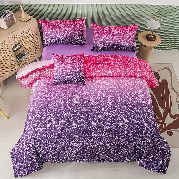 PERFEMET 6Pcs Queen Comforter Set with Sheets, Purple Glitter Tie Dye Girls Bedding Sets, Colorful Ombre Gradient Bed in A Bag, Soft Fluffy Teen Girl Bed Set for Bedroom Decor