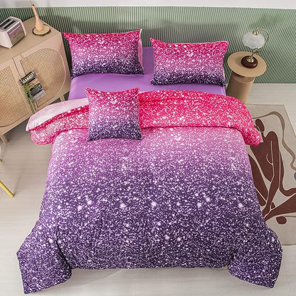PERFEMET 6Pcs Queen Comforter Set with Sheets, Purple Glitter Tie Dye Girls Bedding Sets, Colorful Ombre Gradient Bed in A Bag, Soft Fluffy Teen Girl Bed Set for Bedroom Decor