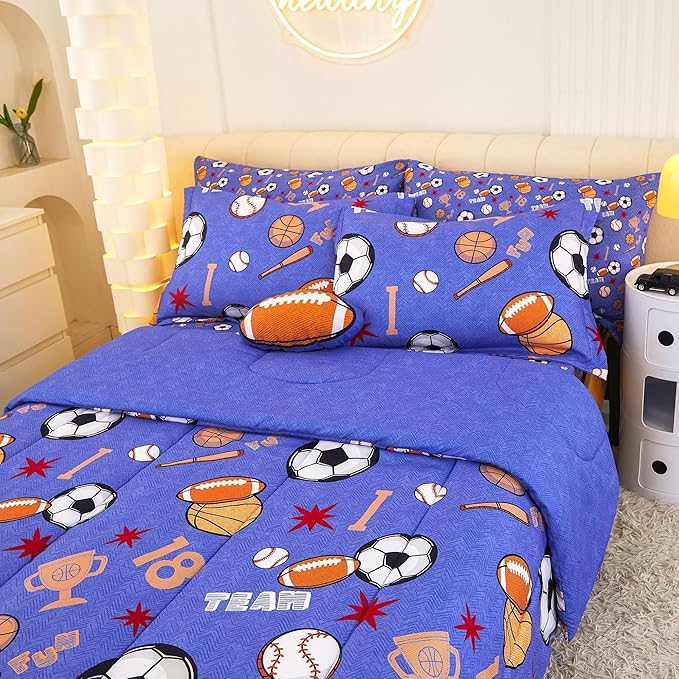 Mooreeke Bed in a Bag for Kids Boys Teens, 8 Pieces Full Size Comforter Bed Set with Shams, Sheet Set and Decorative Toy Pillow, Balls Blue Super Soft Microfiber Kids Comforter Bedding Set