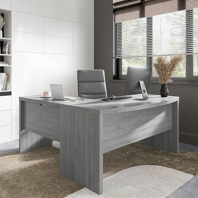 Bush Business Furniture Echo L Shape Desk with Wire Management | Corner Bow Front Table for Home Office with Quick-to-Assemble Hardware, 60W, Modern Gray