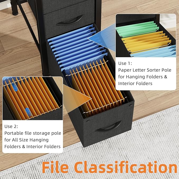 55'' Office Desk with 6 Fabric File Drawers - File Drawer Organization, Computer Work Desk, Study Writing Table, Home Office Workstation, Black.