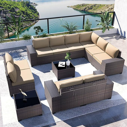 Kullavik 12PCS Outdoor Patio Furniture Set PE Wicker Rattan Sectional Sofa Patio Conversation Sets,Sand