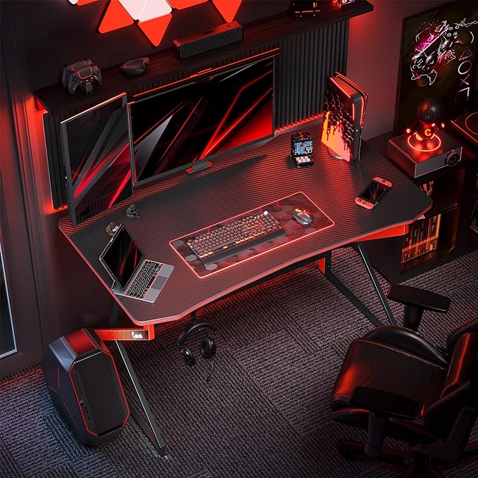 CubiCubi Simple Gaming Desk Z Shaped 47 inch Gamer Workstation, Home Computer Carbon Fiber Surface Gaming Desk PC Table with Headphone Hook