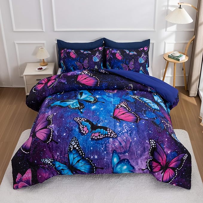 Btargot 3 Piece Butterfly Pattern Girls Comforter Set with 2 Pillow Covers, Galaxy Outer Space Printed Bedding Set for Women, Queen Purple Blue