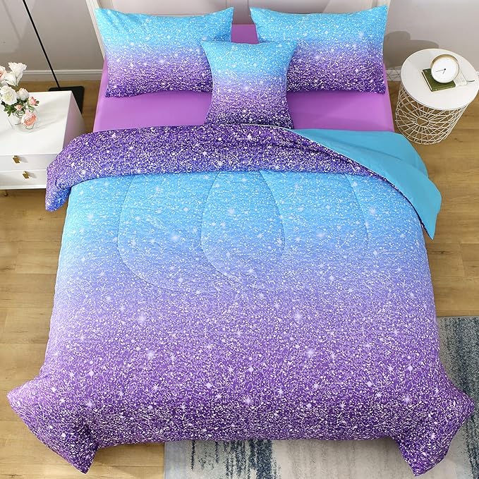 JQinHome Full Blue Purple Comforter Set, 6 Piece Bed in A Bag 3D Colorful Ombre Bedding Set for Girls Women (1 Comforter,2 Pillowcases,1 Flat Sheet,1 Fitted Sheet,1 Cushion Cover)(Blue Purple)