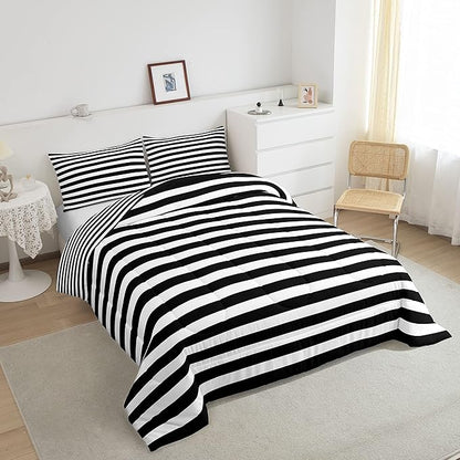 Striped Comforter Set Black and White Stripe Bedding Set Queen Kids Boys Girls Women Men Farmhouse Ticking Stripes Duvet Set Modern Geometric Lines Adults Abstract Gothic Home Decor Soft Reversible