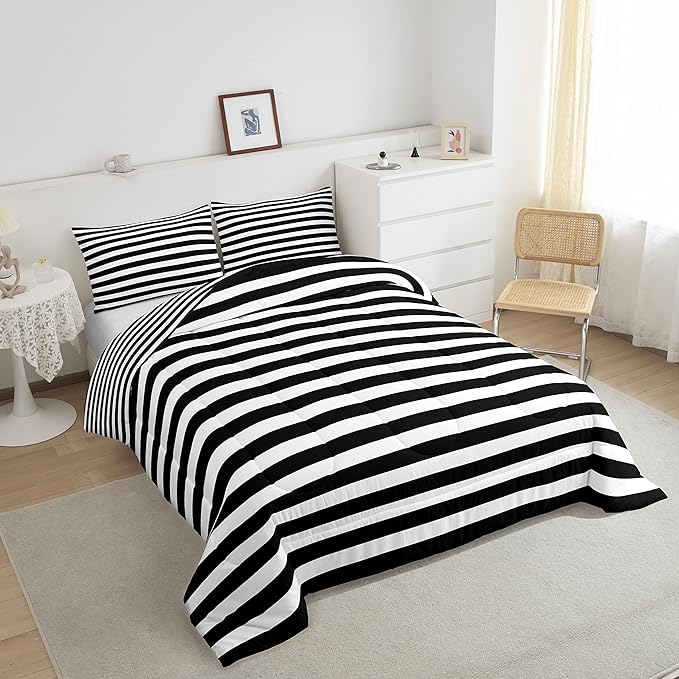 Striped Comforter Set Black and White Stripe Bedding Set Twin Kids Boys Girls Women Men Farmhouse Ticking Stripes Duvet Set Modern Geometric Lines Adults Abstract Gothic Home Decor Soft Reversible