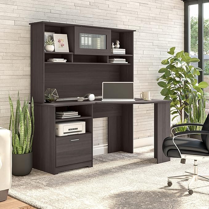Bush Furniture Cabot 60W Corner Desk with Hutch in Heather Gray