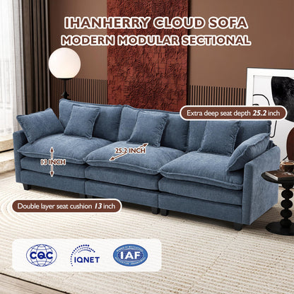 Ihanherry 111.4" L Shaped Modern Sofa Modular Sectional Cloud Couch with Ottoman, 4-Seat Chenille Deep Seat Sofa with Pillow for Living Room, Bedroom and Apartment, Beige