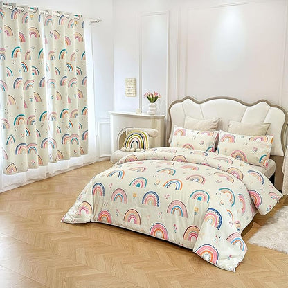 Btargot Lightweight Soft 3 Piece Rainbow Comforter Set with 2 Pillow Covers, Cartoon Love Hearts Flowers and Grass Bedding Set for Girls Boys Kids, Full Multi-Color