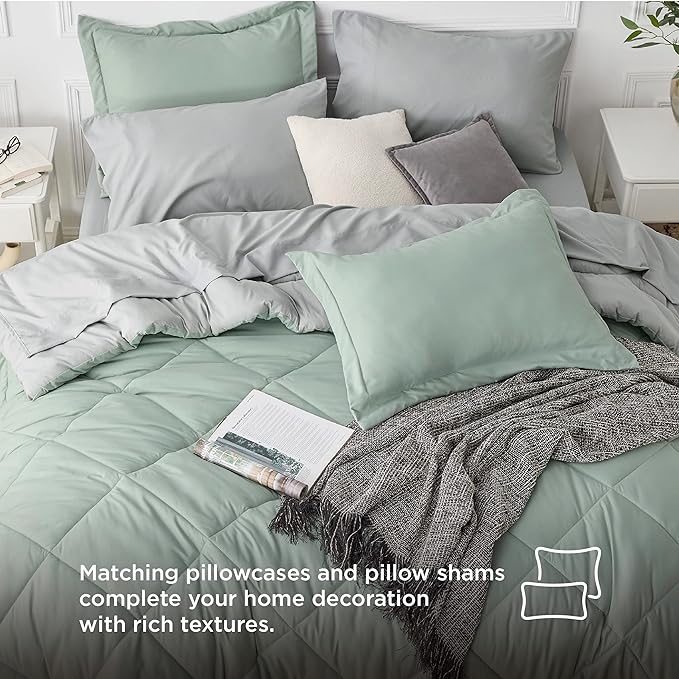 Bedsure Sage Green Full Comforter Set - 7 Pieces Reversible Bed Set Sage Green Bed in a Bag Full with Comforters, Sheets, Pillowcases & Shams, Full Bedding Sets