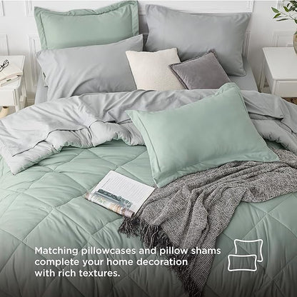 Bedsure Sage Green Full Comforter Set - 7 Pieces Reversible Bed Set Sage Green Bed in a Bag Full with Comforters, Sheets, Pillowcases & Shams, Full Bedding Sets