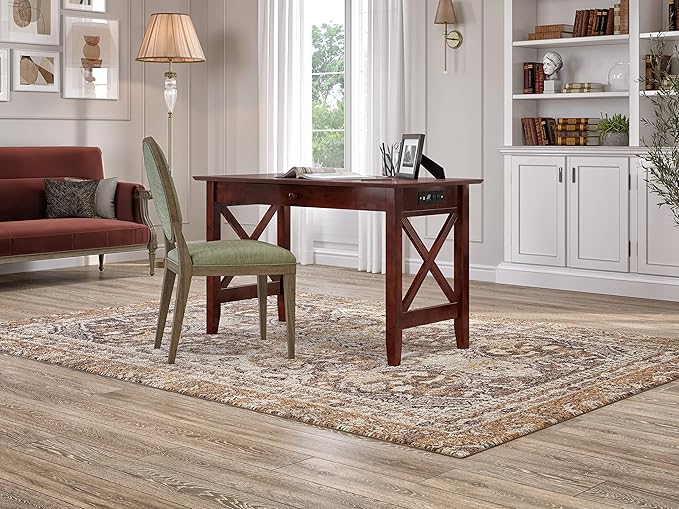AFI 48" Solid Wood Writing Desk - Sturdy X Design - Home Office Desk with Drawer, Laptop Computer Work Study Table with USB Charger Walnut