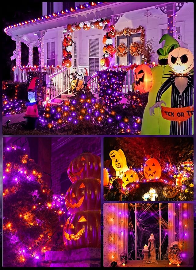 Minetom 2 Pack Solar Halloween Lights Outdoor, Total 80FT 200 LED Halloween String Lights with 8 Mode,Halloween Decoration Outdoor, Waterproof Solar String Lights for Outside Tree Yard,Orange & Purple