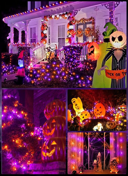 Minetom 2 Pack Solar Halloween Lights Outdoor, Total 80FT 200 LED Halloween String Lights with 8 Mode,Halloween Decoration Outdoor, Waterproof Solar String Lights for Outside Tree Yard,Orange & Purple