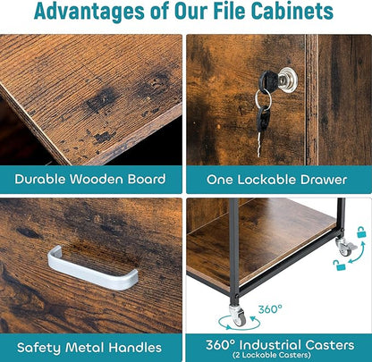 Lateral File Cabinet, 2 Drawer Mobile Filing Cabinet with Outlet, Open Storage Side Shelves, Locking Drawer Fits A4/Letter/Legal Size File Cabinets for Home Office, Brown