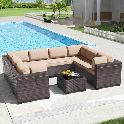 Kullavik 9PCS Outdoor Patio Furniture Set PE Wicker Rattan Sectional Sofa Patio Conversation Sets,Sand
