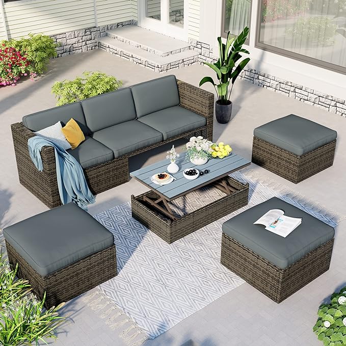 5 Pieces Patio Furniture Sets All Weather Wicker Rattan Sectional Sofa Outdoor Conversation with Adustable Backrest, Cushions, Ottomans and Lift Top Coffee Table for Poolside, Garden, Backyard