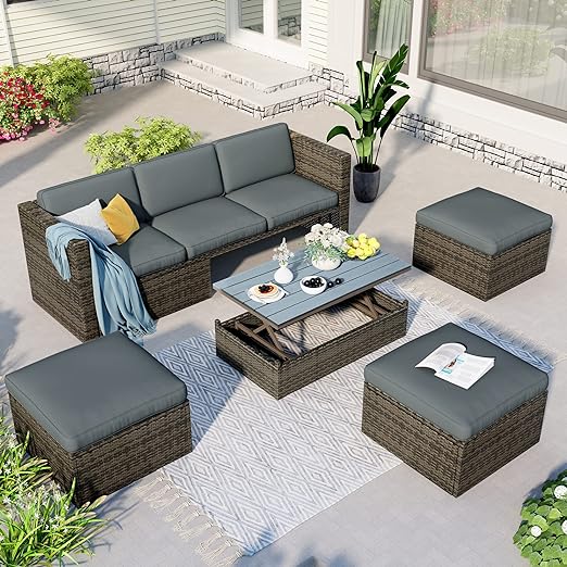 5 Pieces Outdoor Patio Sectional Sofa Couch, PE Wicker Furniture Conversation Sets with Adustable Backrest & Washable Cushions & Ottomans & Glass Coffee Table for Garden, Poolside, Backyard