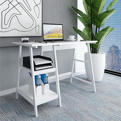 Natwind 43" White Desk Home Office Computer Working Kid Student Study Table with 2-Tier Storage Bookshelves Modern Simple Study Laptop Writing Elegant Style Desk Workstation