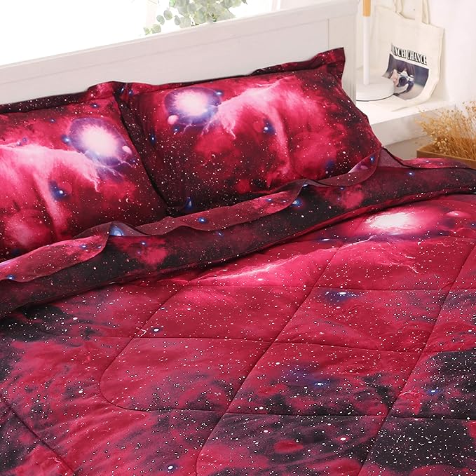 Wowelife Galaxy Bedding Sets for Boys and Girls 5-Piece Full, Premium Galaxy Bed in a Bag Red, 3D Galaxy Comforter Set, Comfortable and Soft Kids Bedding Set