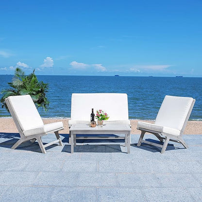 SAFAVIEH Outdoor Collection Chaston Wood Cushion 4-Piece Conversation Patio Set PAT7044H, Grey/Beige