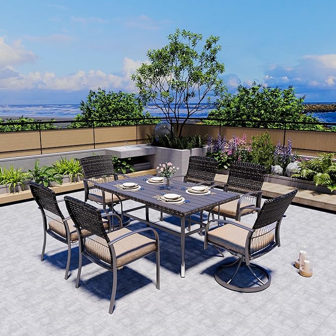 Pamapic 7 Piece Patio Dining Set for 6,Outdoor Wicker Furniture Set for Backyard Garden Deck Poolside with 4 Dining Chairs and 2 Swivel Rockers,Iron Slats Table Top, Removable Cushions(Beige)