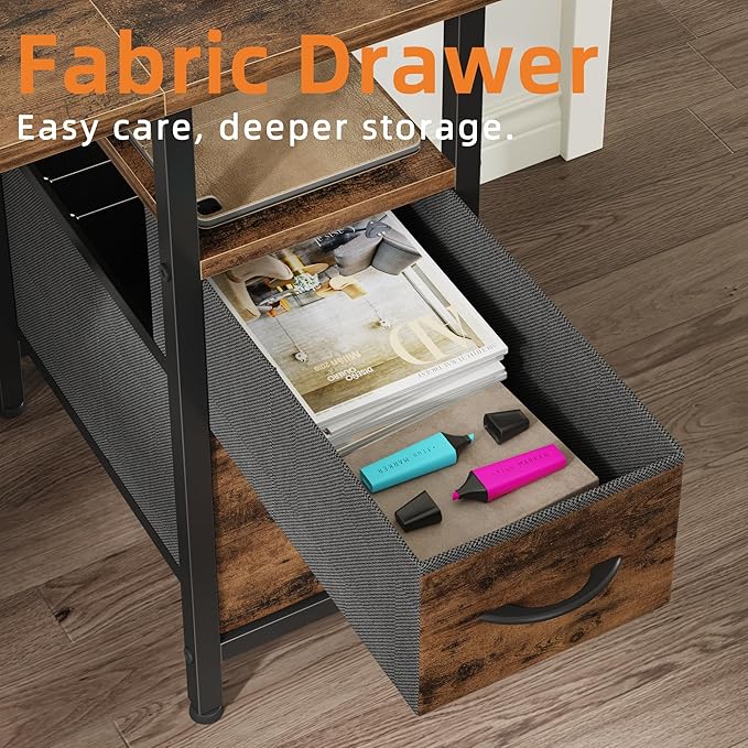 55'' Office Desk with 4 Fabric File Drawers - File Drawer Organization, Computer Work Desk, Study Writing Table, Home Office Workstation, Rustic Brown.