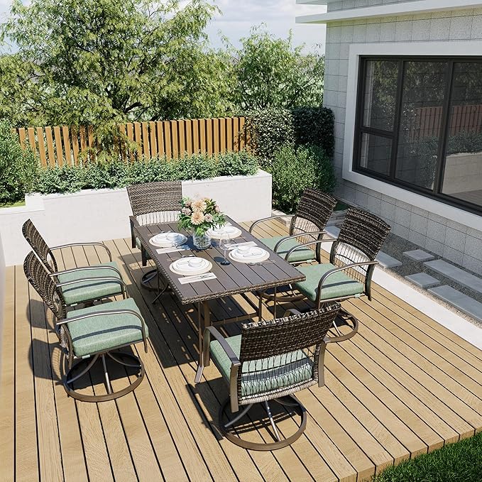 Pamapic 7 Piece Outdoor Dining Set, Rattan Outdoor Patio Furniture Set for Deck Backyard Garden with Iron Outdoor Dining Table, 6 Swivel Outdoor Dining Chairs and Removable Cushions (Green)