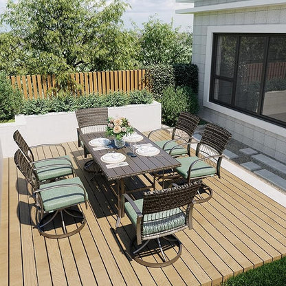 Pamapic 7 Piece Outdoor Dining Set, Rattan Outdoor Patio Furniture Set for Deck Backyard Garden with Iron Outdoor Dining Table, 6 Swivel Outdoor Dining Chairs and Removable Cushions (Green)