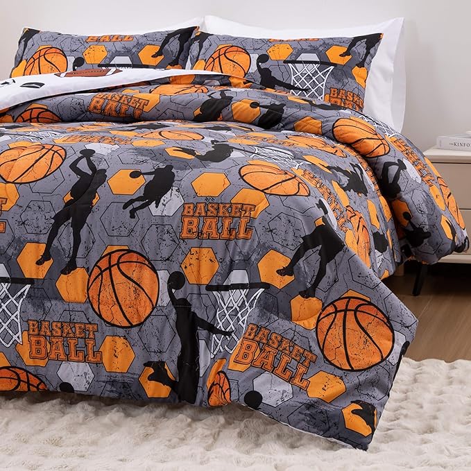 Btargot 3 Piece Grey Geometric Basketball Comforter Set Twin for Boys Teens, 3D Sports Bedding,Soft Microfiber Reversible Quilt with 2 Matching Pillow Shams, Yellow