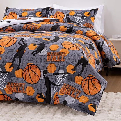 Btargot 3 Piece Grey Geometric Basketball Comforter Set Twin for Boys Teens, 3D Sports Bedding,Soft Microfiber Reversible Quilt with 2 Matching Pillow Shams, Yellow