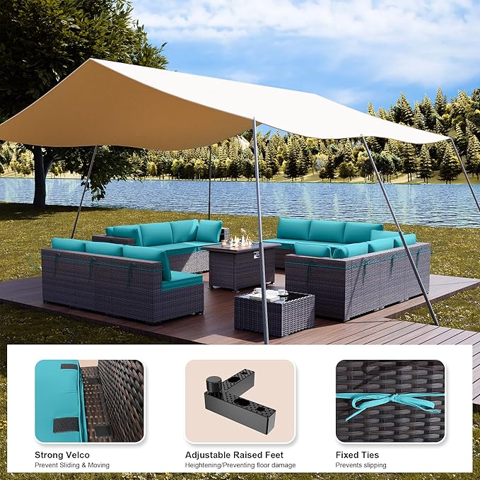 Kullavik 15 Pieces Outdoor Patio Furniture Set with 43" Gas Propane Fire Pit Table PE Wicker Rattan Sectional Sofa Patio Conversation Sets,Blue Cushions