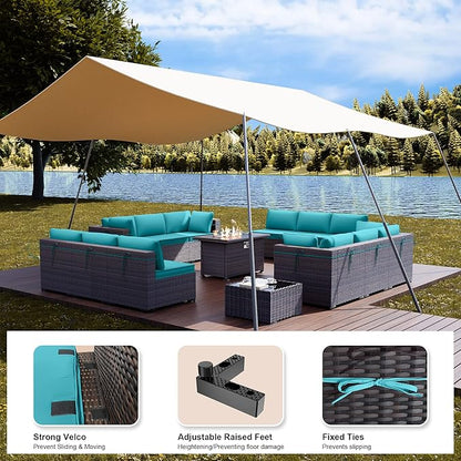 Kullavik 15 Pieces Outdoor Patio Furniture Set with 43" Gas Propane Fire Pit Table PE Wicker Rattan Sectional Sofa Patio Conversation Sets,Blue Cushions